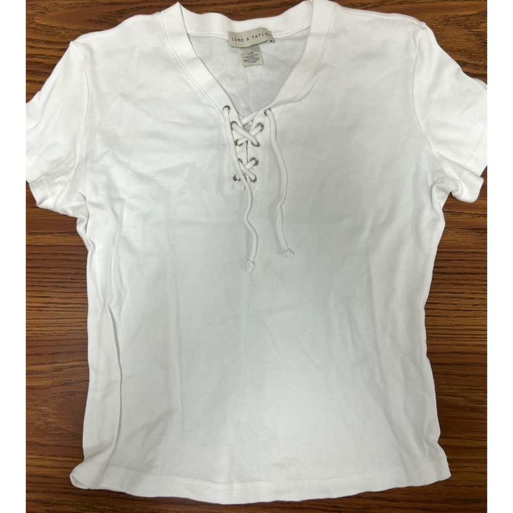 Lord & Taylor Womens White Ribbed Lace Up V-Neck Cotton Top Short Sleeve Large